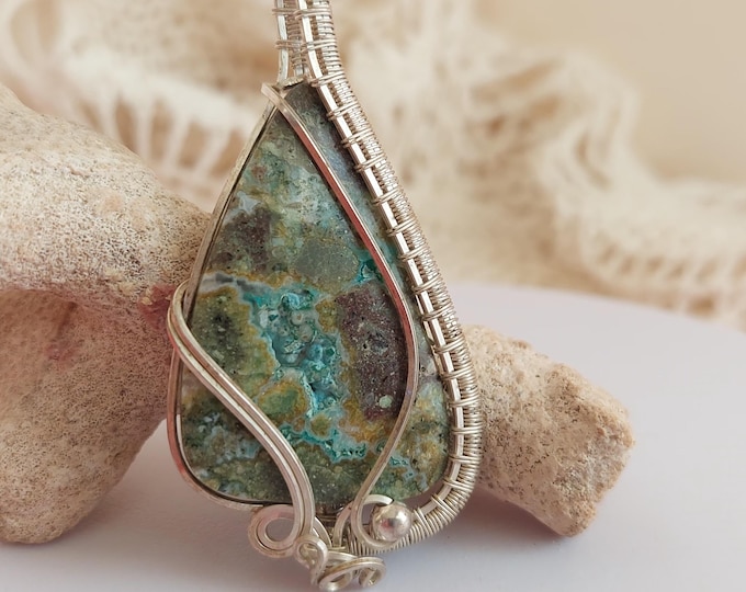 Blue Opalized Wood Druzy Pendant: Hand Wrapped Sterling Silver