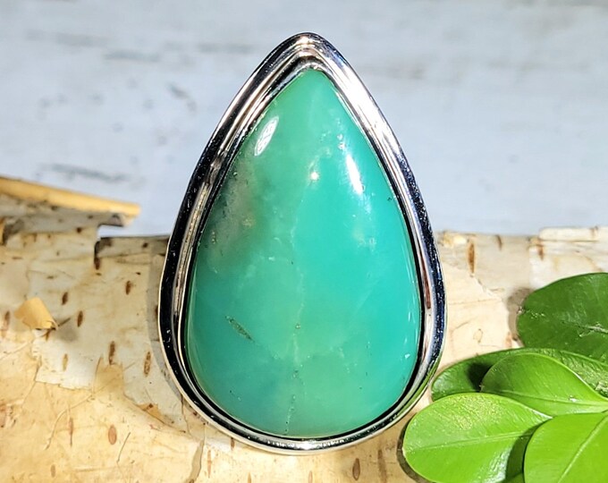 Natural AAA Grade Large Green Chrysoprase Handmade Pear .925 Sterling Silver Ring Size 9 11 Grams 1 3/8" x 1" CF05