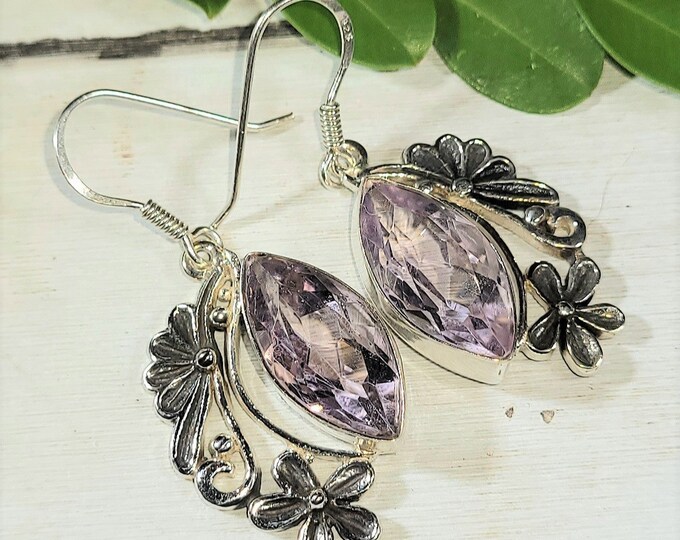 Natural Marquise Cut Amethyst .925 Sterling Silver Earrings 10 Grams 1 3/4" x 3/4" Eye-Clean Stones E19