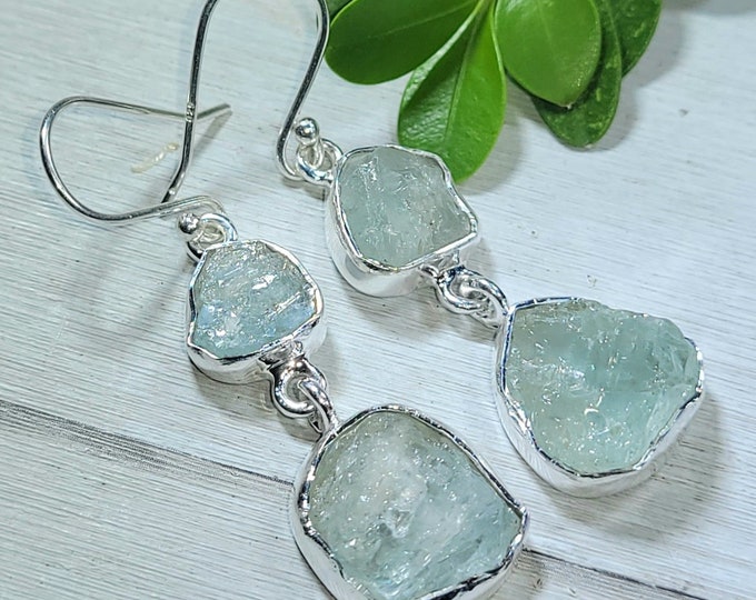 Natural Raw Rough Cut Aquamarine 2 Stone Handmade .925 Sterling Silver Dangle Earrings 8 Grams 1 7/8" x 1/2" CE26
