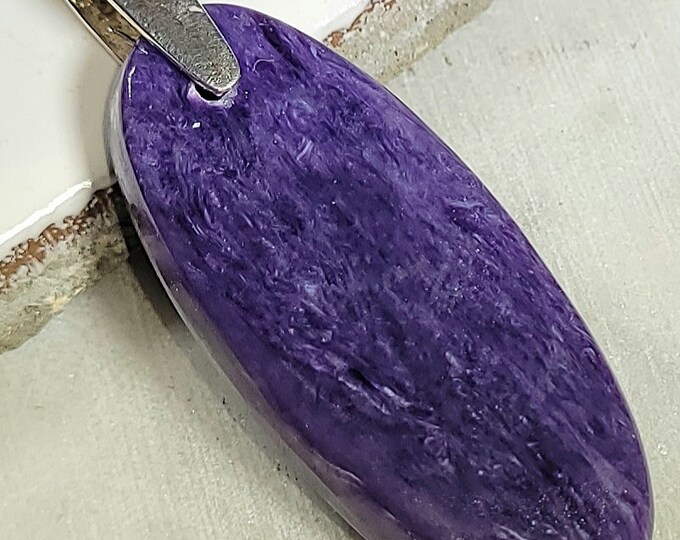 Natural AAA Charoite Oval Cabochon .925 Sterling Silver Pendant measures 2" x 3/4" EC14 Custom Fit Sterling Silver Heavy Duty Bail