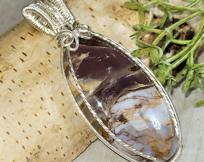 Blue Common Opalized Wood Pendant, Blue Common Opalized Wood Wire Wrapped Sterling Silver Pendant, Hand Wire Wrapped Pendant, HG25
