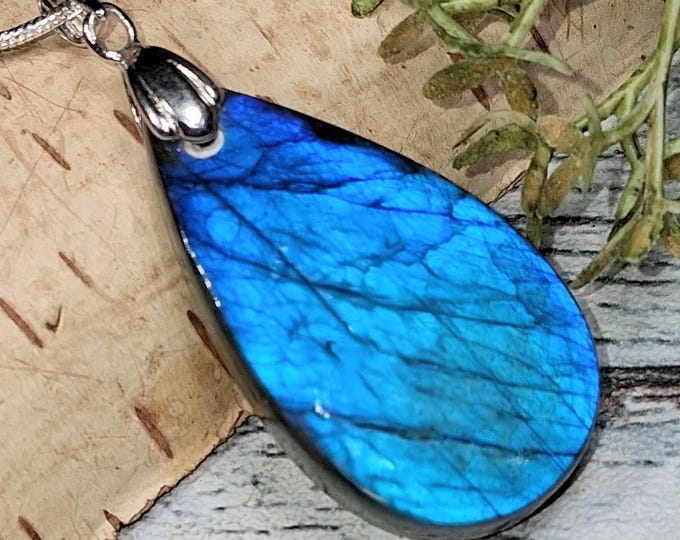 Labradorite Sterling Silver Pendant:  Blue Labradorite Pendant, Pear Labradorite Pendant; KA07