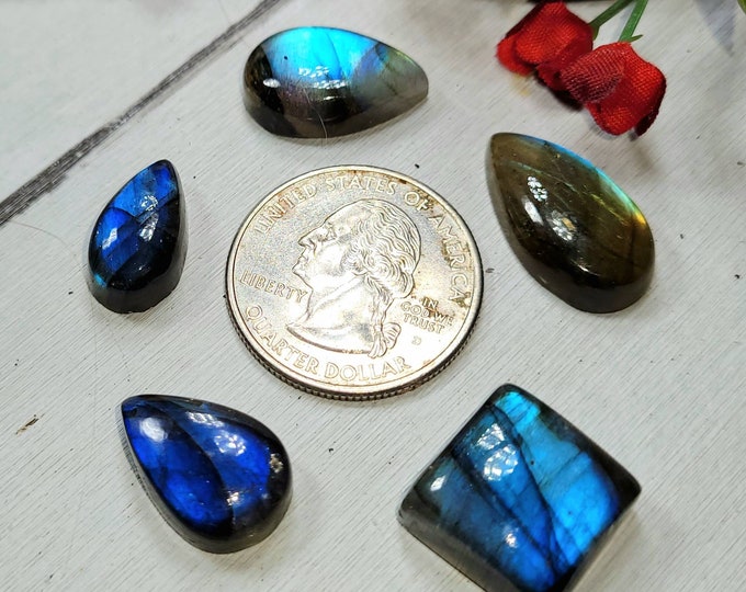 Natural Blue Flash Labradorite Mixed Cabochons 60ct 5 Stone Lot Wire Wrapping, Weaving, Pendant or Ring DC22 Gift  for Her or Him