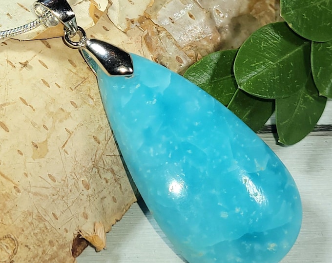 Natural High Quality Hemimorphite Pear Cabochon .925 Sterling Silver Pendant 2" x 7/8" 11 Grams AS34 Solid Sterling Silver Bail