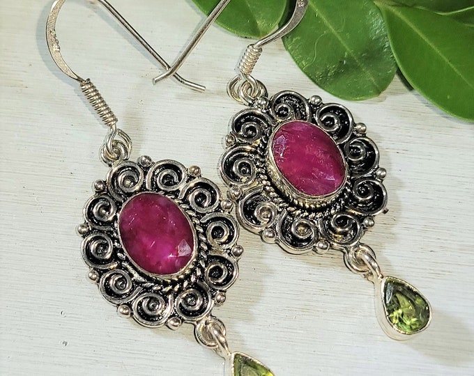 Natural Ruby & Peridot .925 Sterling Silver Earrings 8 Grams 2" x 3/4" B31
