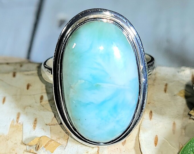 Natural High Quality Dominican Larimar .925 Sterling Silver Ring Size 9 7 Grams Face Measures 1" x 5/8" EY16