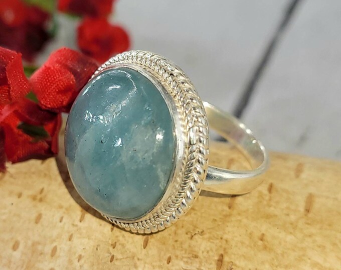 Natural Aquamarine Sterling Silver Ring, Aquamarine Boho Ring, Statement Ring; Handmade Ring, Premium Quality Aquamarine Ring Size 7.5