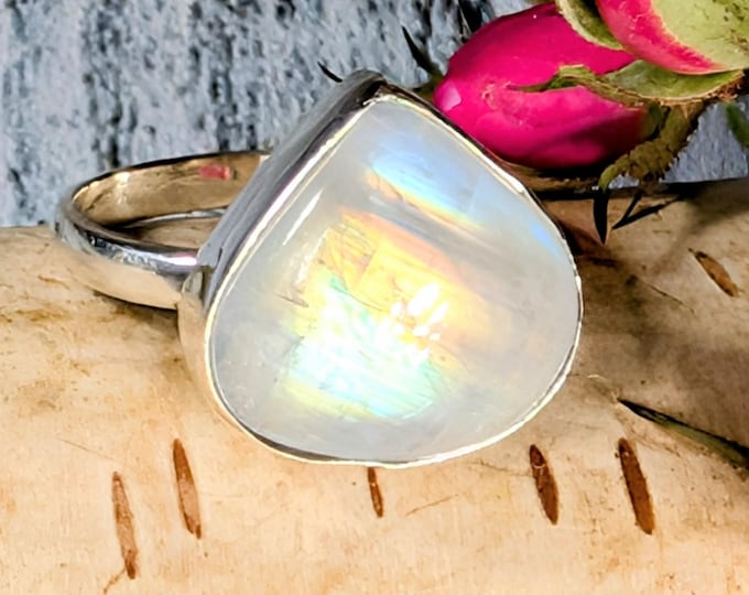 Rainbow Moonstone Sterling Silver Ring; Moonstone Multi Color Flash Ring, Size 9.5; KA26
