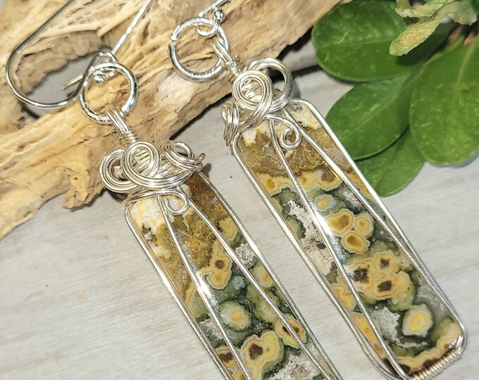 Ocean Jasper Earrings, Ocean Jasper Sterling Silver Wire Warped Earring, Handmade Ocean Jasper Earring. Gift for Her, GE13
