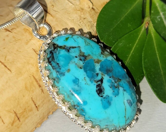 Natural High Grade Arizona Kingman Turquoise Oval  Handmade .925 Crown Prong Sterling Silver Pendant 1 7/8" x 7/8" 9 grams DD25