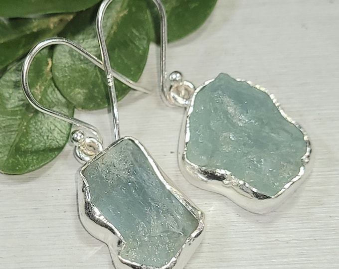 Natural Raw Rough Cut Aquamarine Handmade .925 Sterling Silver Dangle Earrings 6 Grams Mother's Day Gift for Her Genuine Aquamarine