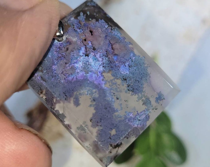 Natural AAA Purple Moss Agate  Cabochon Handmade .925 Sterling Silver Pendant 1 3/4" x 1" CT33 Rhodium Solid Sterling Silver Bail