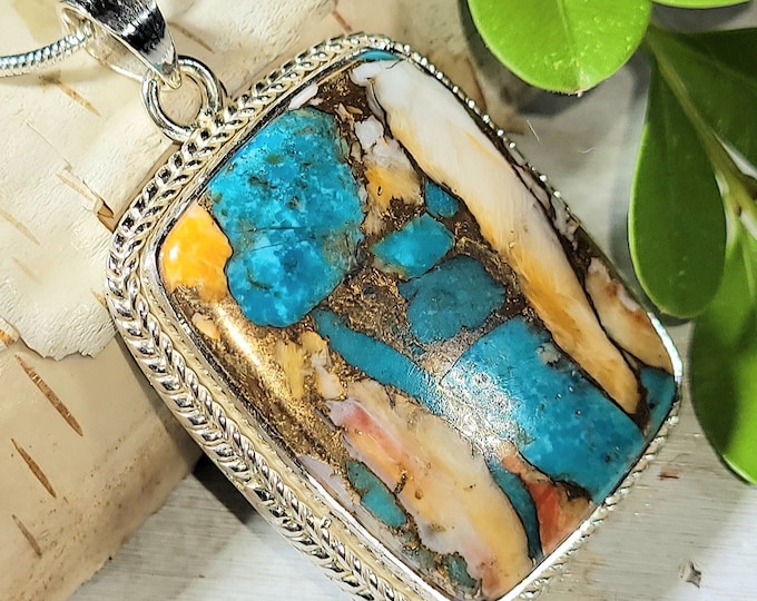 Natural High Grade Spiny Oyster Turquoise Handmade .925 Sterling Silver Pendant 1 3/4" x 1 1/8" 16 Grams EN16