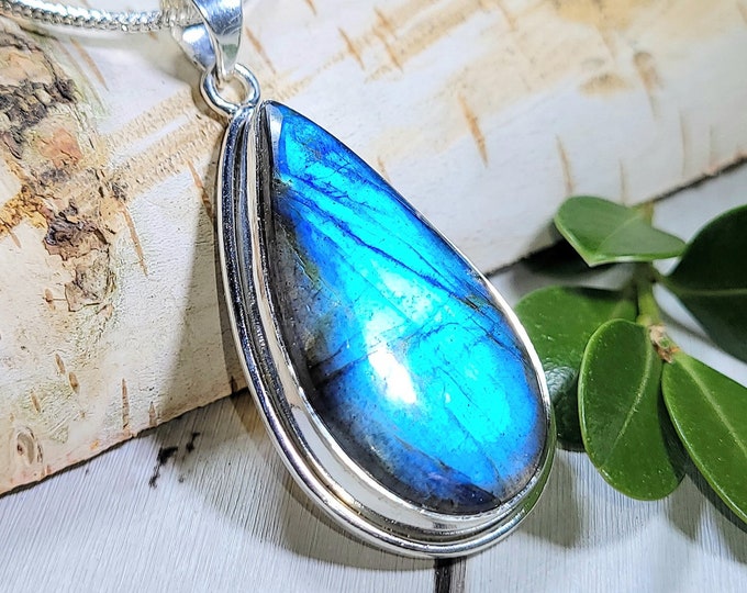 Natural AAA Grade Blue Labradorite .925 Sterling Silver Pendant 2" x 7/8" 11 Grams EF14