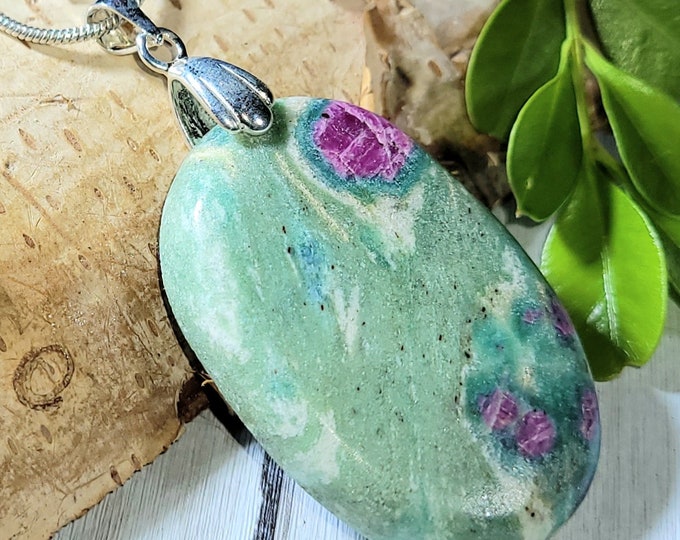 Natural High Grade Ruby Fuchsite Oval Cabochon .925 Sterling Silver Pendant 2" x 1" CD06 Solid Sterling Silver Rhodium Bail