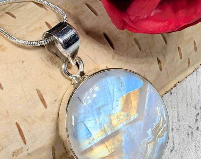 Rainbow Moonstone Sterling Silver Pendant: Handmade Round Rainbow Moonstone Pendant, KA16