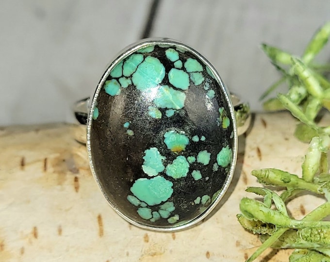 Tibetan Turquoise Sterling Silver Ring, Turquoise Boho Ring, Statement Ring; Handmade Ring, Premium Tibet Turquoise,Quality Ring Size 8.5 HA