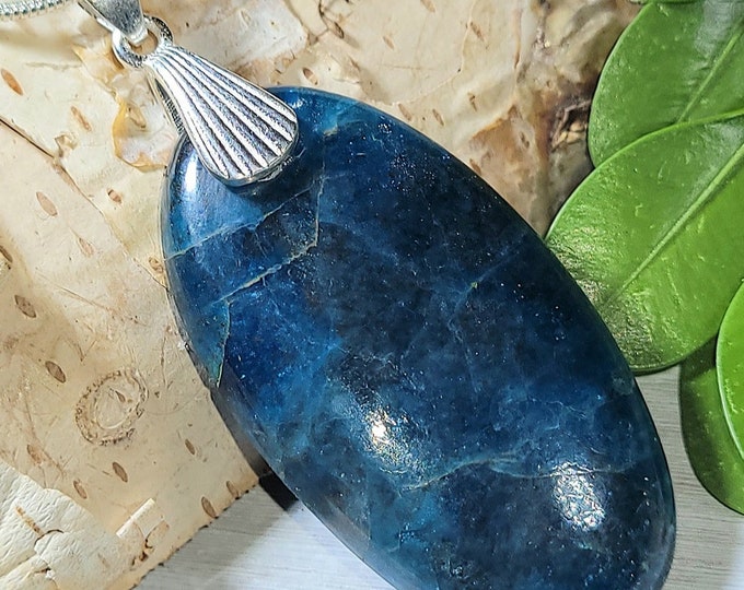 Natural High Quality Apatite Cabochon .925 Sterling Silver Pendant 2" x 7/8" ES36 Sterling Silver Heavy Duty Designer Bail