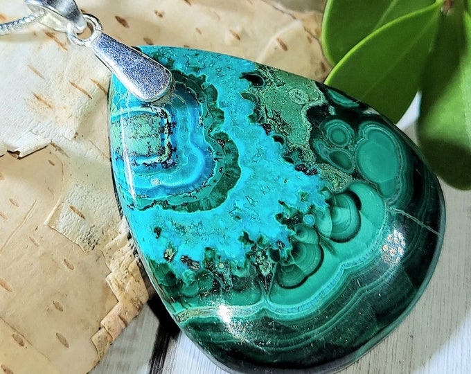 Natural AAA Malachite Chrysocolla Cabochon .925 Sterling Silver Pendant 14 grams 1 7/8" x 1 3/16" EUO5