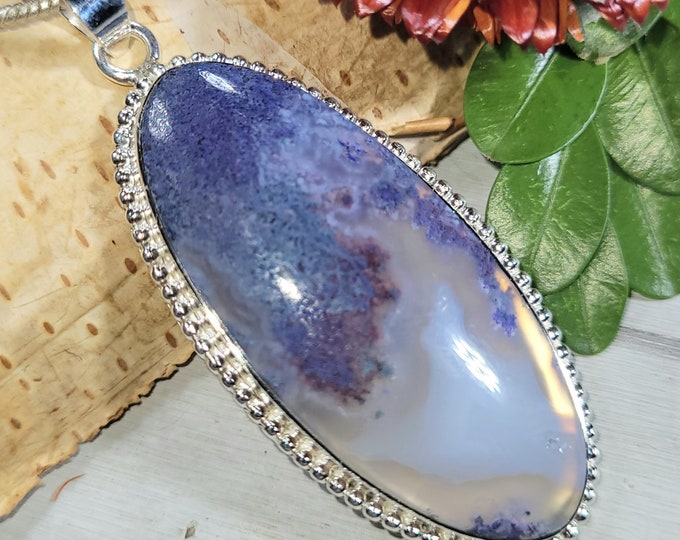 Natural Premium Grade purple Plume Moss Agate Pear Handmade .925 Sterling Silver Pendant 2 3/8" x 1" 13 Grams CT36 Gift for Her