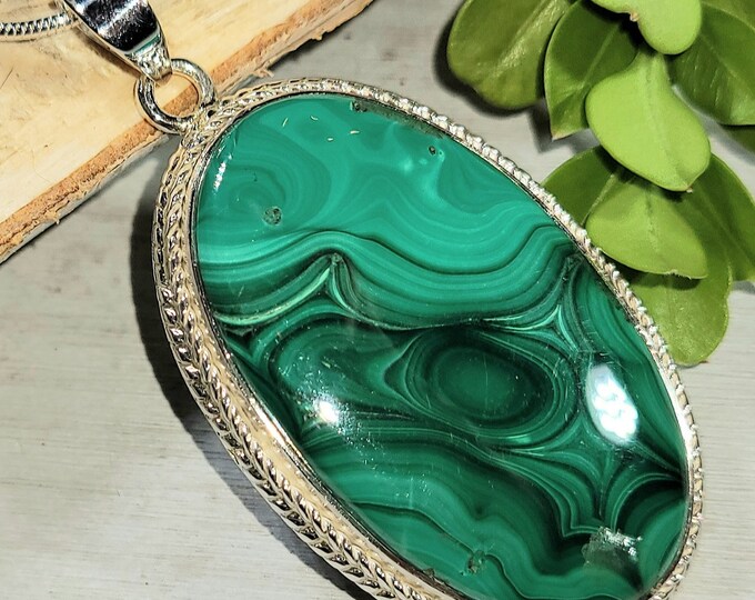 Natural High Grade Congo Malachite .925 Sterling Silver Pendant 2 1/8" x 1 1/8" 17 Grams EN06