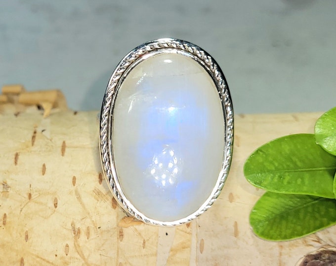 Natural Blue Flash Oval Moonstone Handmade .925 Sterling Silver Ring Size 8.5 Genuine High Quality Moonstone Gift for Her