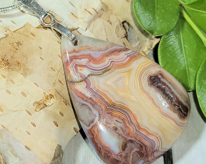 Natural AAA Crazy Lace Agate Cabochon Pendant with .925 Sterling Silver Pendant 2 1/8" x 1 1/8" ES24