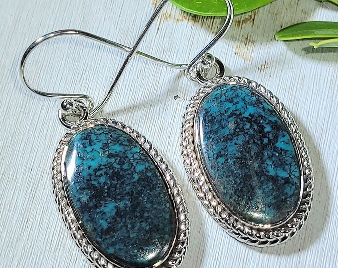 Natural High Grade Tibet Turquoise .925 Sterling Silver Earrings 9 Grams 1 1/2" x 5/8" ES21