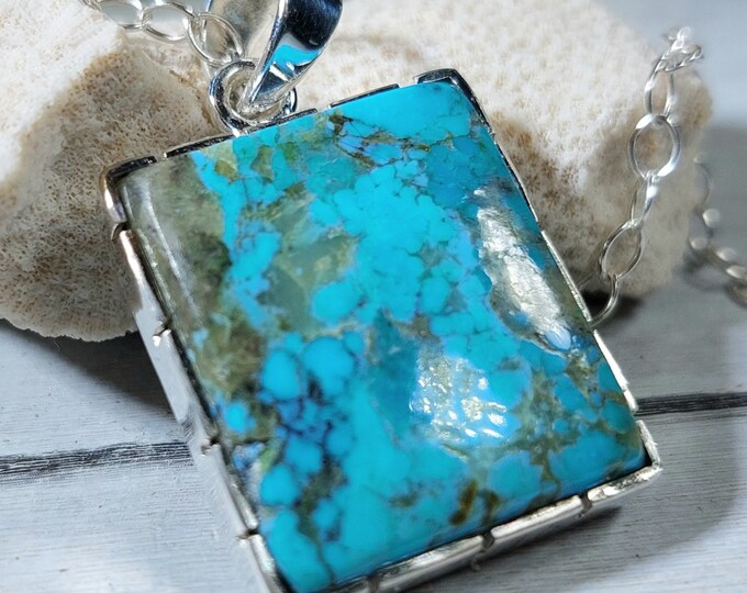 Turquoise Pendant, Sterling Silver Turquoise Pendant, Kingman Arizona Turquoise Boho Pendant, Statement Pendant GH13