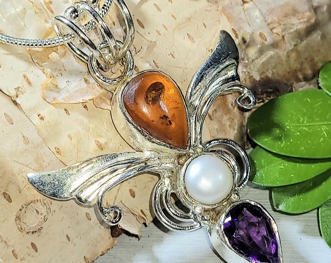 Natural Baltic Amber, Amethyst, Freshwater Pearl .925 Sterling Silver Pendant 2" x 1 3/8" 6 Grams N19 Angel Wings