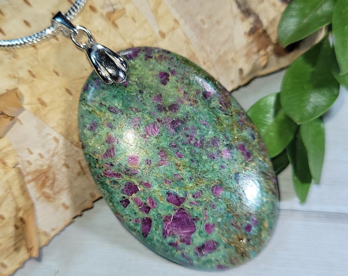 Natural Top Grade Ruby Fuchsite Oval Cabochon .925 Sterling Silver Pendant 2 1/4" x 1 1/8" CL18 Rhodium Plated Solid Sterling Silver Bail