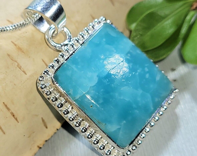 Natural High Grade Hemimorphite Rectangle Handmade .925 Sterling Silver Pendant 8 grams 1 3/8" x 7/8" CM17 Gift for Her Genuine Stone