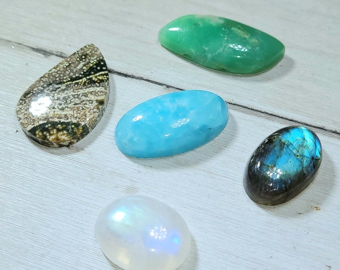 Natural Labradorite, Ocean Jasper, Moonstone, Chrysoprase & Hemimorphite 60ct Cabochons Mixed Lot 5 Stone Wire Wrap, Weaving ML14