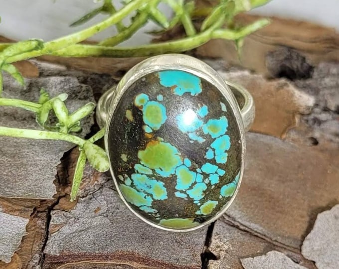 Natural Tibetan Turquoise Sterling Silver Ring, Boho Ring, Statement Ring; Handmade Ring, Premium Tibet Turquoise Ring Size 7.25 CZ
