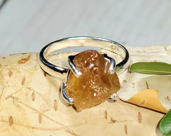 Natural Golden Orange Raw Rough Cut Citrine Handmade .925 Sterling Silver Ring Size 6 3 Grams 7/16" x 7/16" CA09