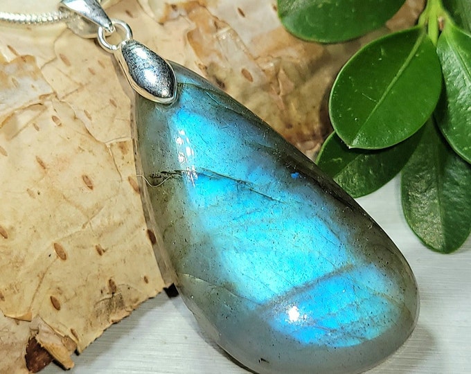 Natural Premium Blue Flash Labradorite Cabochon .925 Sterling Silver Pendant 1 7/8" x 11/16"  AE20 Solid Sterling Silver Bail