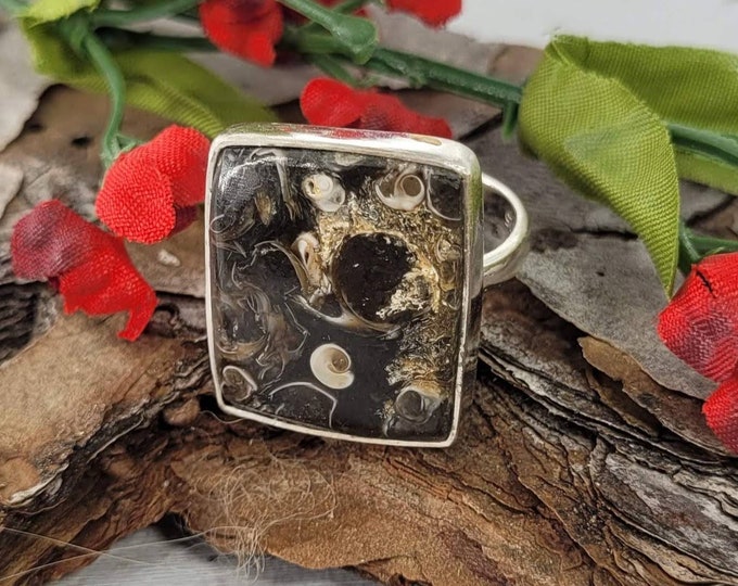 Natural High Grade Turritella Agate Rectangle Sterling Silver Ring Size 8.5 Boho Ring CY