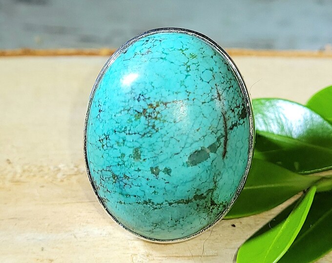 Natural Top Grade Tibet Turquoise .925 Sterling Silver Ring Size 7.5 9 Grams Face 1 1/8" x 7/8" EK30