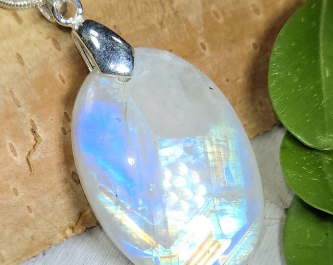 Moonstone Pendant, Rainbow Moonstone Oval Cabochon Sterling Silver Pendant, Multi Color Flash, Gift for Her, Handmade Pendant, FL48