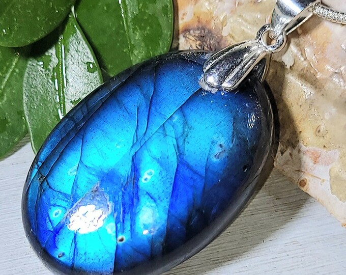 Natural High Grade Blue Flash Labradorite Cabochon .925 Sterling Silver Pendant 1 9/16" x 3/4"  EW01 Sterling Silver Rhodium Plating Bail