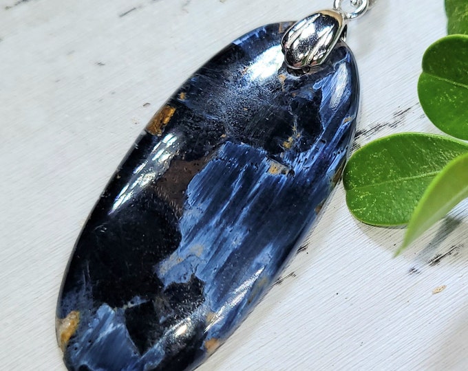 Natural Premium Blue Pietersite Oval Cabochon .925 Sterling Silver Pendant measures 2 1/4" x 3/4" and weighs 8 grams DN19 Gift for Her
