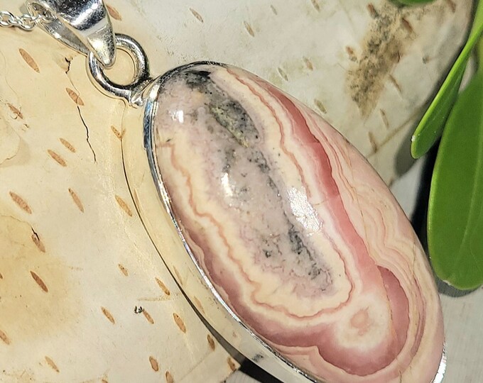 Natural High Quality Argentine Rhodochrosite Handmade .925 Sterling Silver Pendant 1 3/4" x 11/16" 14 Grams EK12