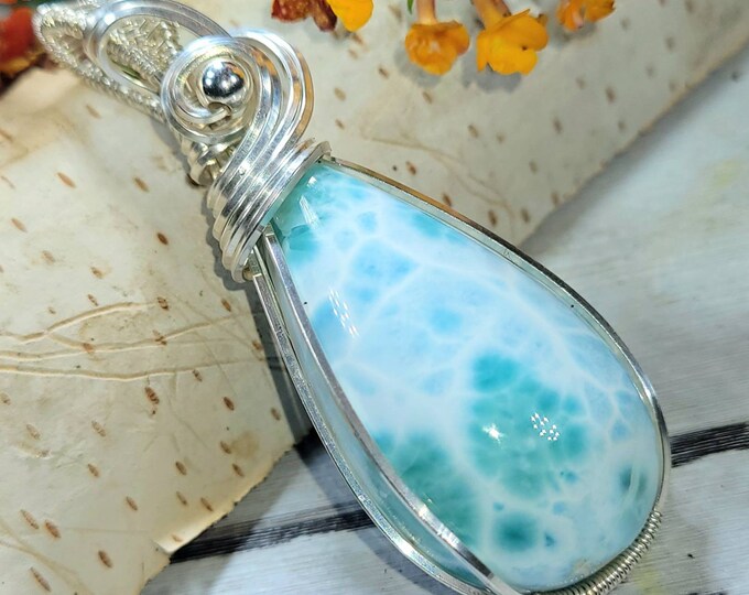 Natural Premium Grade Larimar Hand Wrapped .925 Sterling Silver Pendant 2 3/8" x  7/8" DB04 Handmade Wrapped Solid Sterling Silver