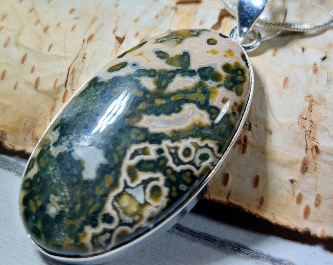 Natural Premium Grade Ocean Jasper Handmade Oval Pendant .925 Sterling Silver Setting Pendant GM16