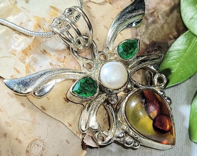 Natural Baltic Amber, Chrome Diopside, Freshwater Pearl .925 Sterling Silver Pendant 1 5/8" x 1 5/8" 9 Grams H20 Angel Wings