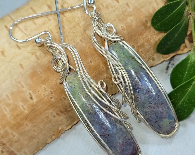 Moss Agate Earrings, Moss Agate Wire Wrapped Earrings, Sterling Silver Wire Wrapped Earrings, Green Moss Agate Wire Wrap Earrings FF16