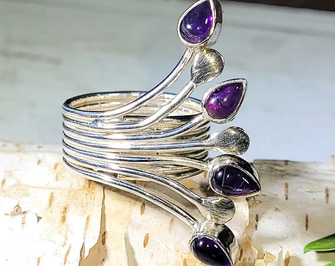 Natural Unique Design Amethyst .925 Sterling Silver Ring Size 7 7 Grams 1 1/4" x 3/8" V29