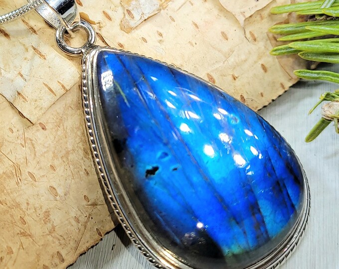 Natural High Grade Blue Labradorite Pear Handmade .925 Sterling Silver Pendant 2" x 1" 15 Grams AL40