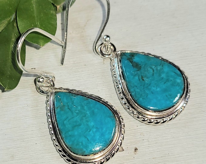 Natural Premium Grade Arizona Kingman Turquoise Pear Handmade .925 Sterling Silver Earrings 8 Grams 1 7/16" x 5/8" CH25 Gift for Her